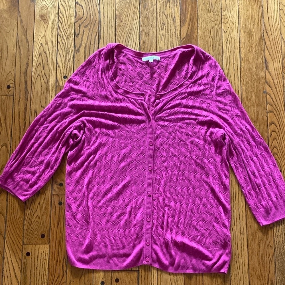 Sejour magenta hot pink open weave‎ button front cardigan sweater